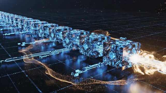 Blockchain network processing encrypted data blocks in a secure chain as digital information flows through a futuristic server system with energy trails - Powered by Adobe