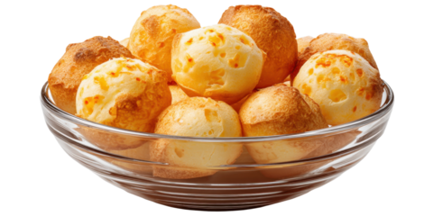 Bowl full of delicious brazilian cheese bread Pão de Queijo on translucent backdrop