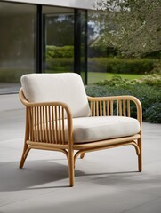 Modern wooden chair with soft fabric cushion, placed in a serene outdoor setting, surrounded by greenery and natural light, showcasing contemporary design and comfort