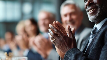 Diverse audience applauding speaker for business success
