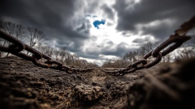 Close-up of a rusty chain on muddy ground under a stormy sky, leading towards treeline