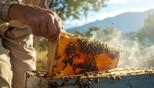 Beekeeper tending to a honeycomb frame buzzing with bees outdoors on top of a hive with a sunlit meadow background