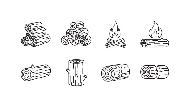 Collection of wood logs and campfire illustrations in a distinctive silhouette style