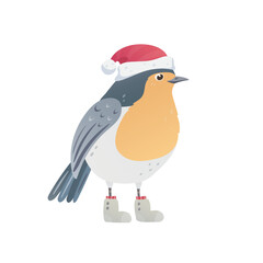 Robin Redbreast wishes you a Merry Christmas. Cute bird character in a Santa hat and winter boots. Vector illustration, perfect for Christmas cards, holiday decorations, stickers, and festive designs.