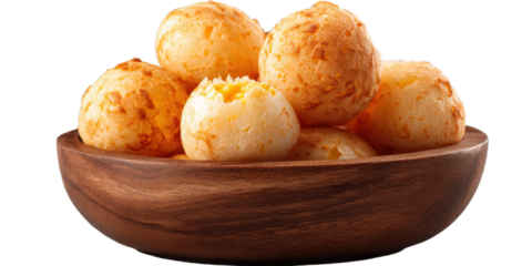 Close-up shot of tasty brazilian Pão de Queijo cheese bread in wooden bowl