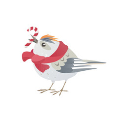 Pretty kinglet and a candy cane. Little bird with a crest in a warm red scarf. Cute vector character in winter season. Perfect for Christmas cards, holiday decorations, stickers, and festive designs.
