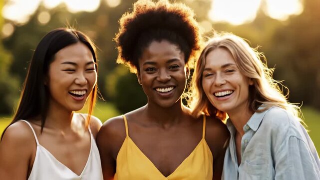 Group of happy multiracial women friends laughing standing close outdoors, enjoying friendship and conversation in warm golden hour light during sunset
