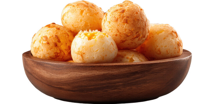 Close-up shot of tasty brazilian P&atilde;o de Queijo cheese bread in wooden bowl