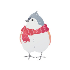 Adorable titmouse in a red winter scarf. Little bird character. Cozy season illustration in soft flat style. Perfect for Christmas cards, children’s books, seasonal posters, and holiday designs.