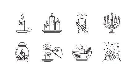 Collection of eight hand drawn candle illustrations in a simple line art silhouette style