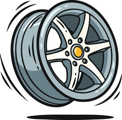 Cartoon Style Metal Car Wheel With Silver Spokes and Yellow Center Spinning Fast With Motion Blur Effect