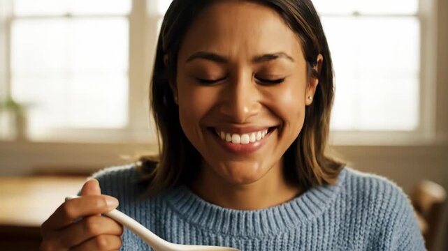 Happy woman with closed eyes enjoying a spoonful of warm delicious soup indoors.