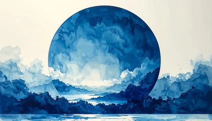 Tableau sur plexiglas Réflexion Blue-toned ethereal landscape featuring a large circular form over mountains reflected in the water below  © xander