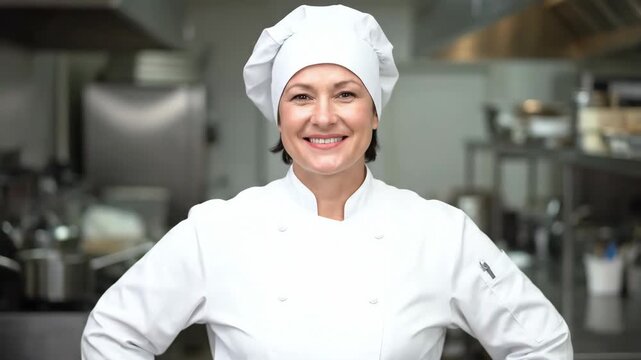 A confident and friendly female chef smiles at the camera in a professional kitchen.