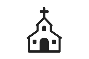 Stylized black glyph of a church building or chapel with a cross on the roof