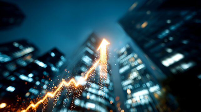 夜の都市に伸びる上昇矢印｜経済成長・金融マーケット・ビジネス向け