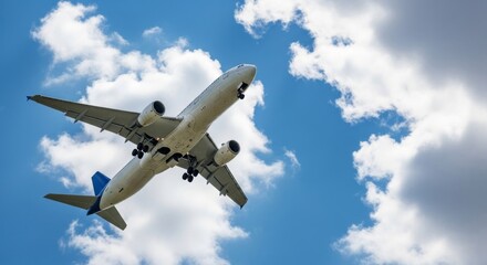 Airplane flying in the sky with white clouds on a sunny day viewed from underneath the plane