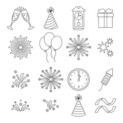 New Year 2026 Party Elements Set Line Art Doodle Icons and Festive Celebration Decorations Outline