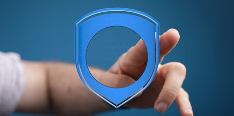 A hand interacts with a digital shield, representing security, data protection, and online safety. This image conveys trust, safeguar