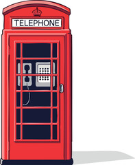 Classic Red British Telephone Booth with Iconic Crown Symbol and Telephone Inside Isolated on White Background