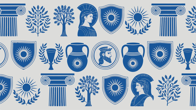 A seamless pattern design in royal blue and white featuring ancient Greek and Roman motifs arranged in a repeating horizontal layout.  