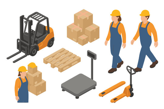 Isometric warehouse and logistics elements set with workers, forklift, pallet, and boxes