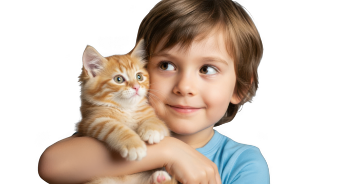 Adorable young child cuddles cute orange kitten creating heartwarming moment