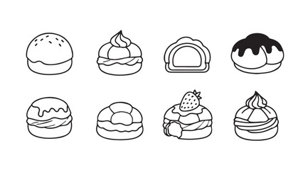 Collection of eight unique dessert silhouettes in a simple line drawing style silhouette