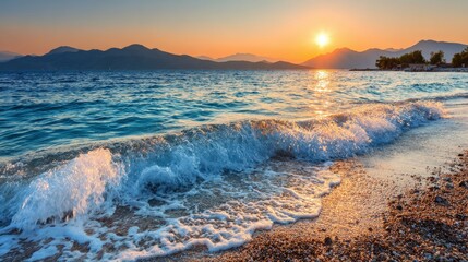 Brilliant sunrise illuminates ocean waves breaking upon a rocky shoreline with distant mountains