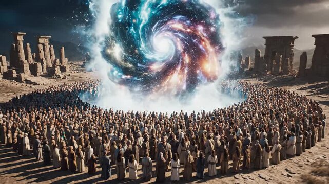 Jesus christ reaching up into a burst of golden light, surrounded by an eager crowd looking on, representing concepts of faith, ascension, and spiritual power