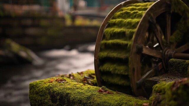 A moss-covered water wheel turns. The water flows. The landscape is in soft focus