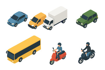Isometric common city transportation vehicles: cars, trucks, bus, and motor scooters