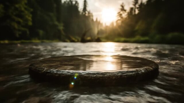 A stone slab sits in flowing water, reflecting the sunset; trees line the banks in the background