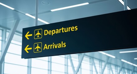 Airport sign showing directions for arrivals and departures with airplane icons on the sign
