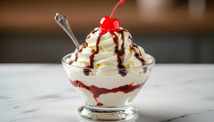 Ice cream sundae with whipped cream and cherry on marble table  