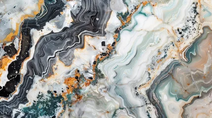 Plexiglas schilderij Kristal A close-up view of a colorful agate stone with swirling patterns in shades of black, white, gray, and hints of gold and turquoise.  © ds17