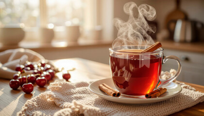 A cup of hot tea with cinnamon sticks and cherry berries on a rustic kitchen table