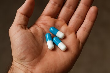Hand holding blue and white capsules. Close-up of palm with three pills, medical treatment. Pharmaceuticals, healthcare and wellness. Taking medications as prescribed by doctor