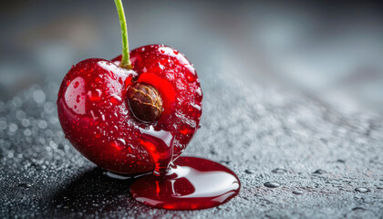 Heart-shaped cherry with juice dripping on dark surface  