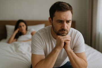 Man contemplating, woman distant, intimate yet strained relationship moment. Problems of married couple. Quarrels, showdown, and disappointment in marriage