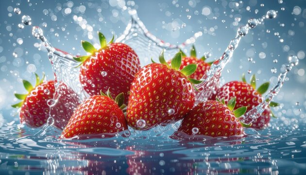 Fresh strawberries splashing in water against blue background  