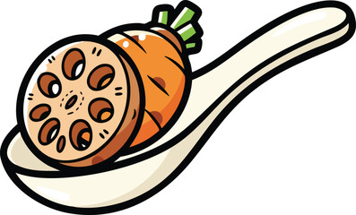 Cartoon Style Carrot Slice and Root Vegetable on a Spoon