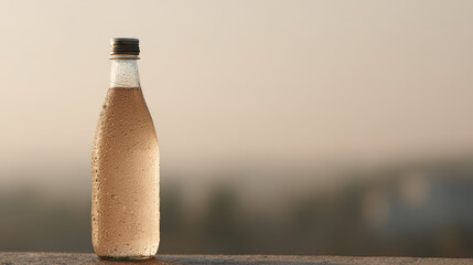 transparent glass water bottle glistening under sun showcasing condensation beads on its surface