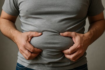Overweight guy touching his stomach, reflecting on wellness journey. Man with large belly, struggle with obesity and self-care. Contemplate health and lifestyle changes