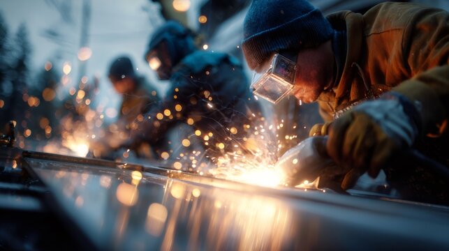 Industrial workers grinding metal with sparks flying