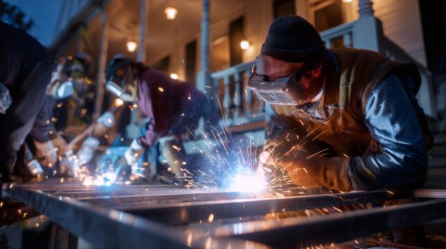 Welders joining metal pieces at night, sparks flying