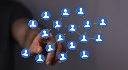 A hand touches a network of user icons symbolizing connectivity, communication, and digital relationships. Perf