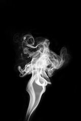 White hot curly steam smoke isolated on black background. Abstract background, design element, for...
