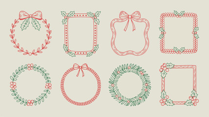 A set of 7 decorative Christmas-themed frames arranged horizontally on a cream-colored background.  (2)_traced