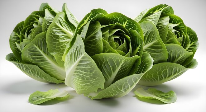 Fresh romaine lettuce heads arranged on a white surface in a studio setting